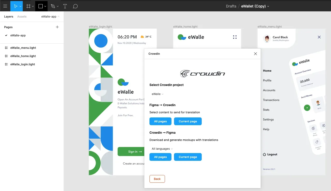 Screenshot of sending text to Crowdin from the Figma plugin.